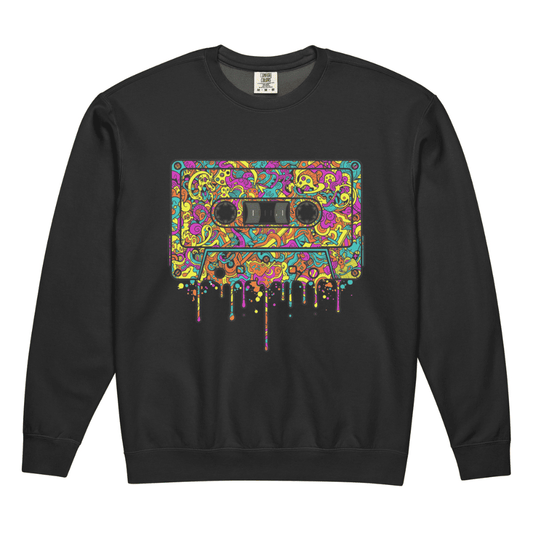 Black sweatshirt with a colorful cassette tape design on a white background