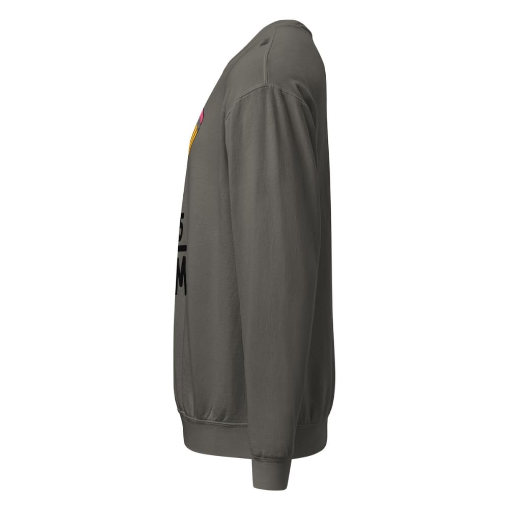 Gray sweater with a logo on the sleeve against a white background