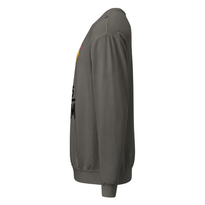 Gray sweater with a logo on the sleeve against a white background