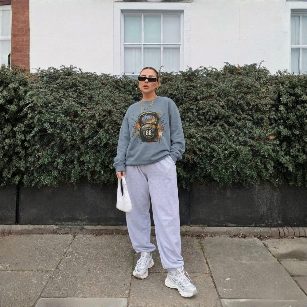 Woman wearing a gray sweatshirt with a graphic design and light gray sweatpants standing in front of a building with greenery.