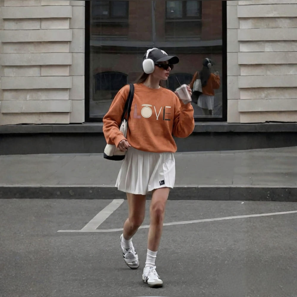 Person wearing an orange sweatshirt with 'LOVE' print, white shorts, and white sneakers on a street.