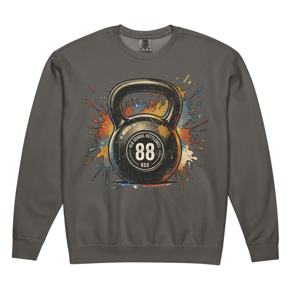 Gray sweatshirt with a colorful kettlebell design on a white background