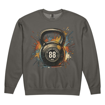 Gray sweatshirt with a colorful kettlebell design on a white background