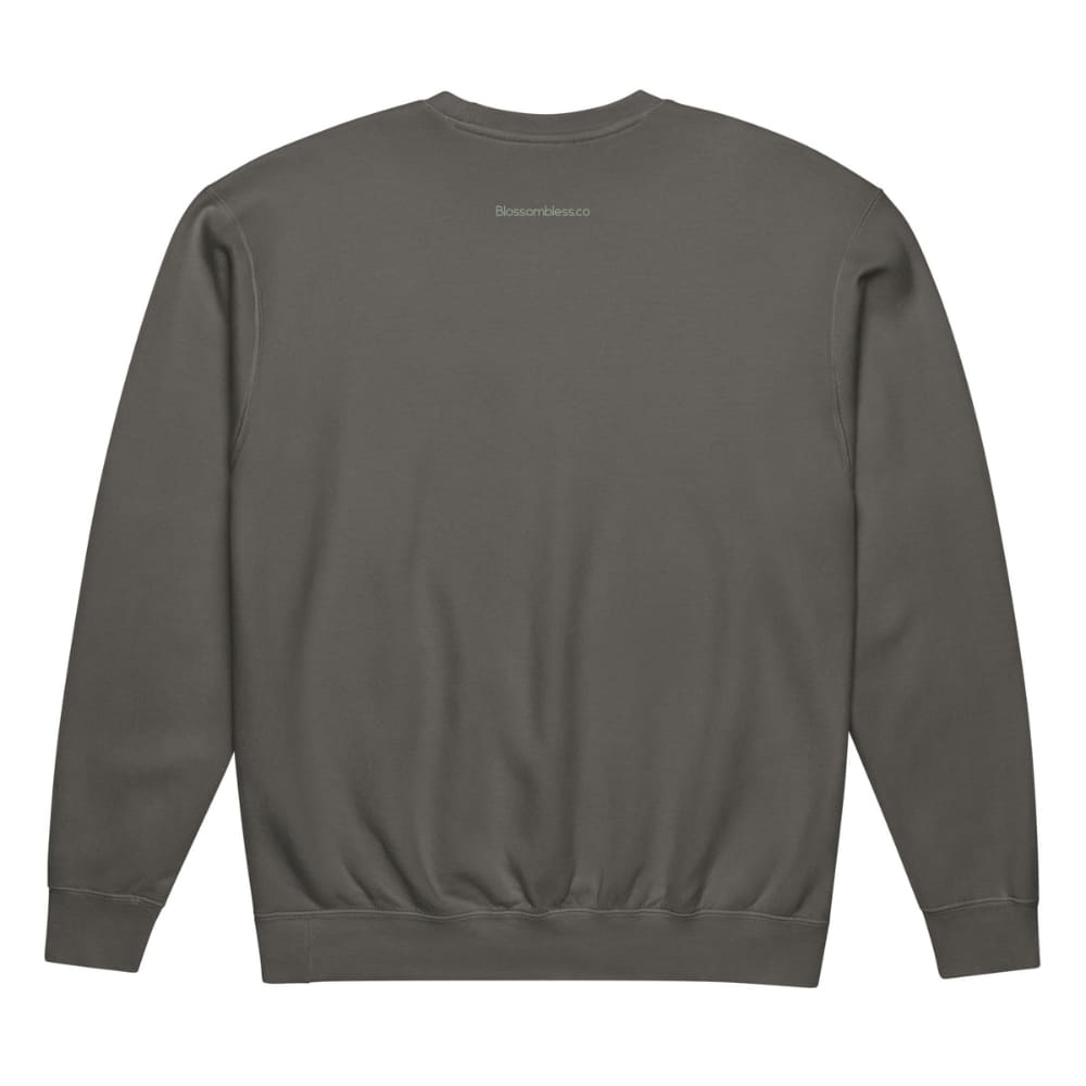 Gray sweatshirt with a brand logo on the back against a white background