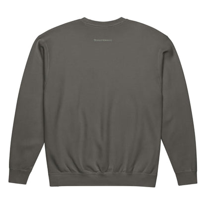 Gray sweatshirt with a brand logo on the back against a white background