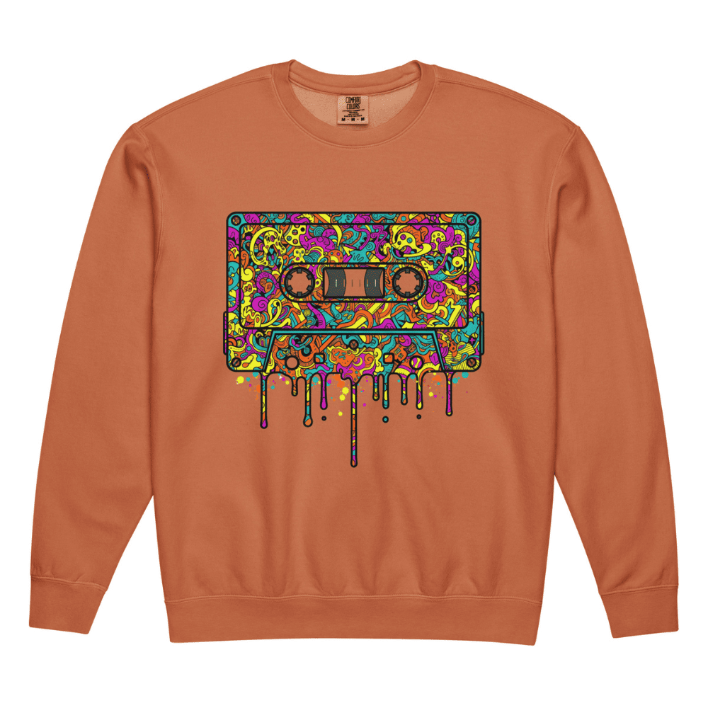 Orange sweatshirt with a colorful cassette tape design on a white background