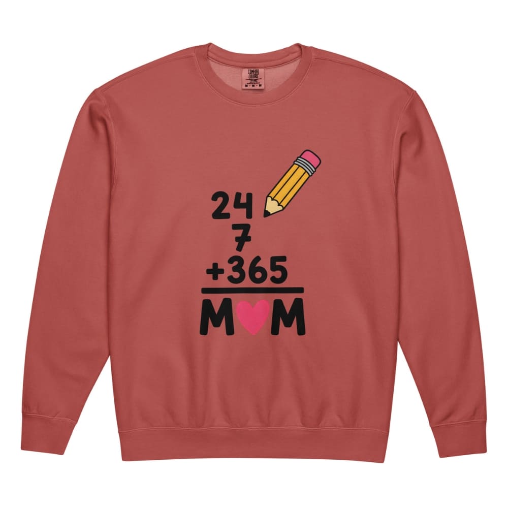Red sweatshirt with a graphic design featuring a pencil, numbers, and letters on a white background