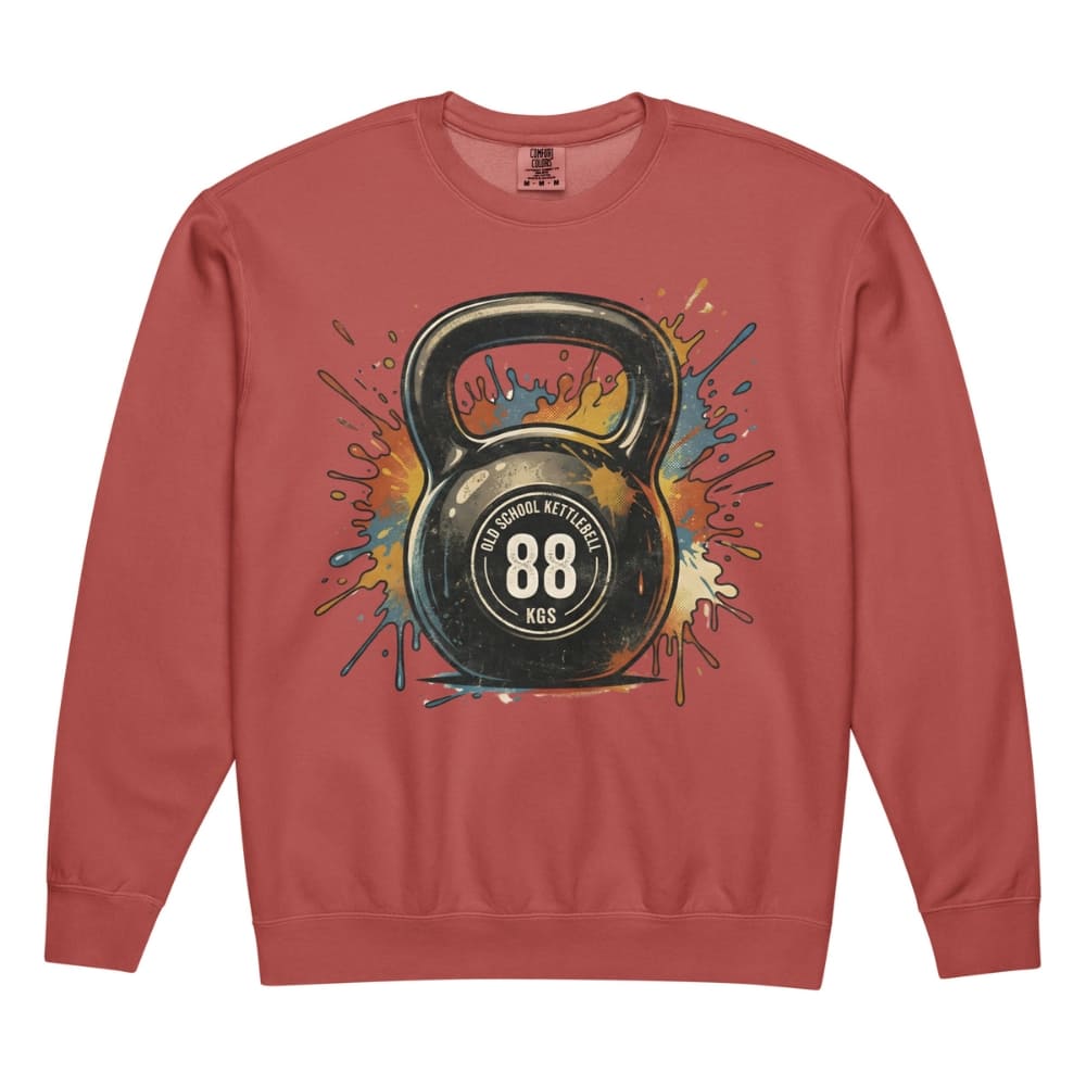 Red sweatshirt with a colorful kettlebell graphic on a white background