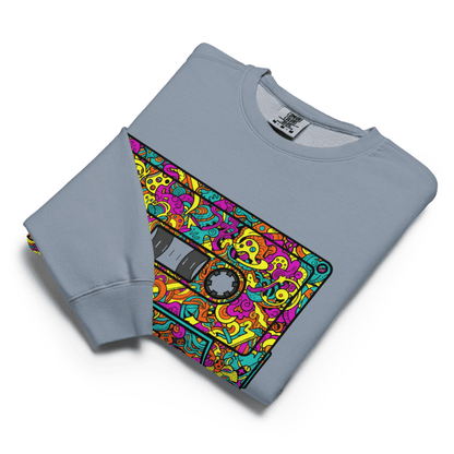 Folded Blue sweatshirt with a colorful cassette tape design on a white background