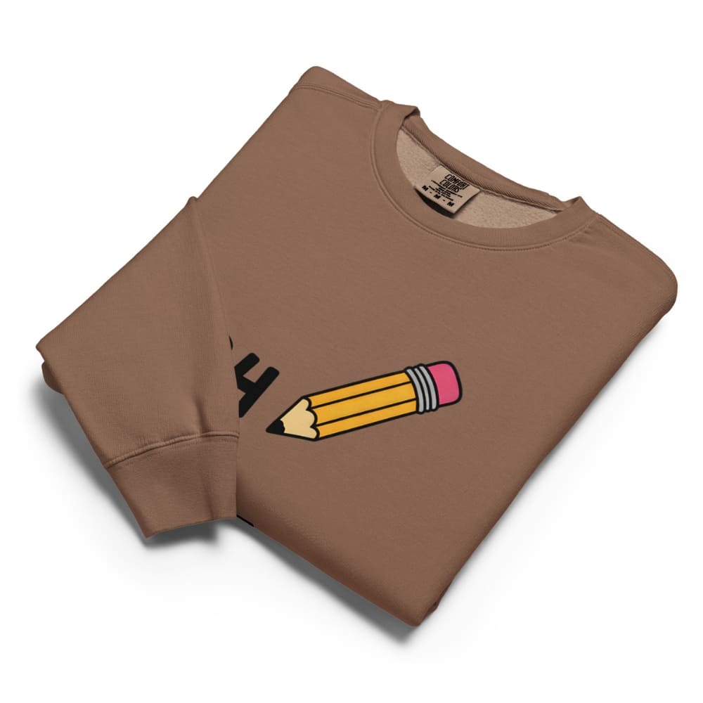 Brown sweatshirt with a pencil and eraser graphic on a white background