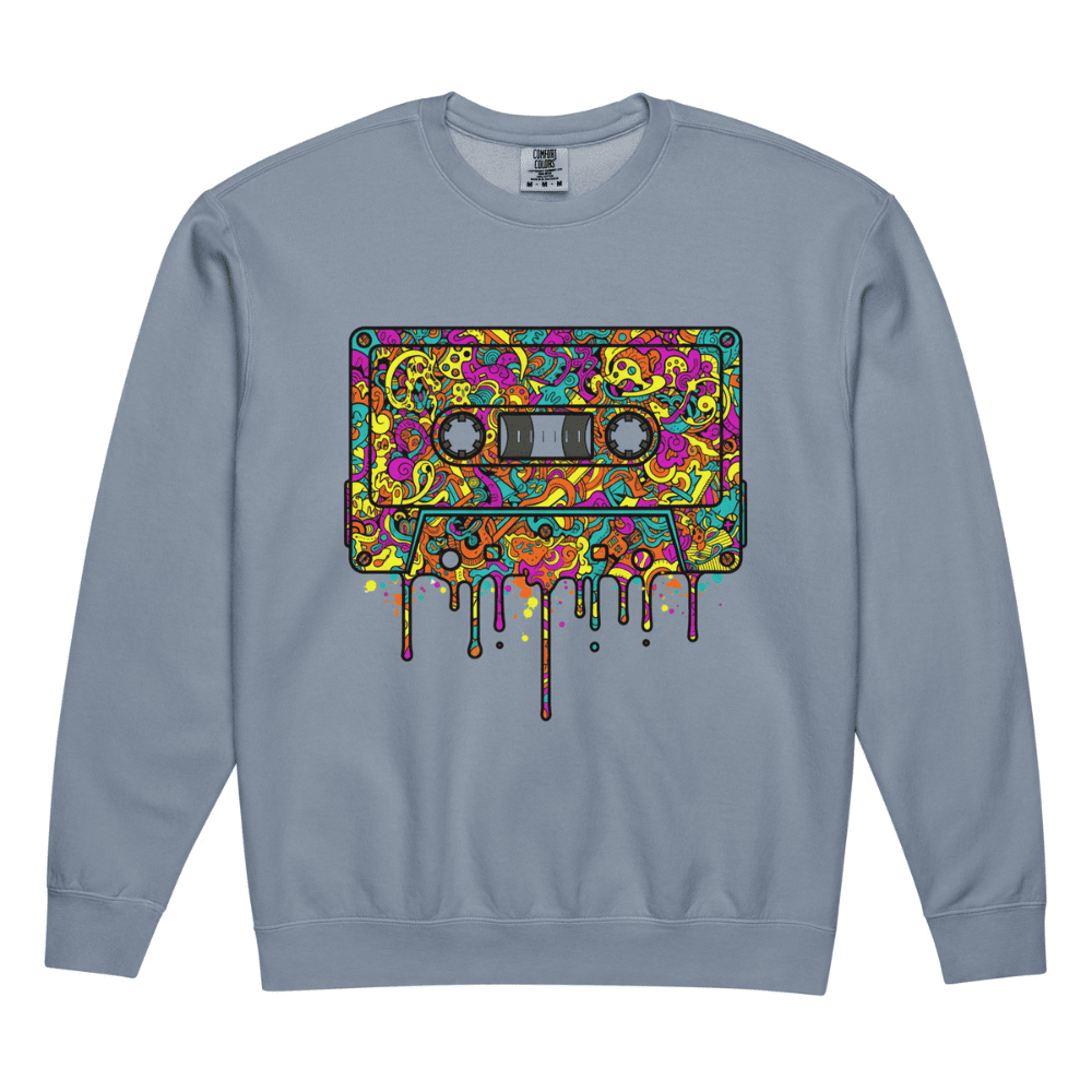Blue sweatshirt with a colorful cassette tape graphic on a white background