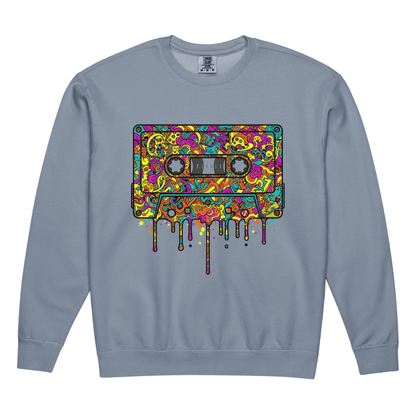 Blue sweatshirt with a colorful cassette tape graphic on a white background