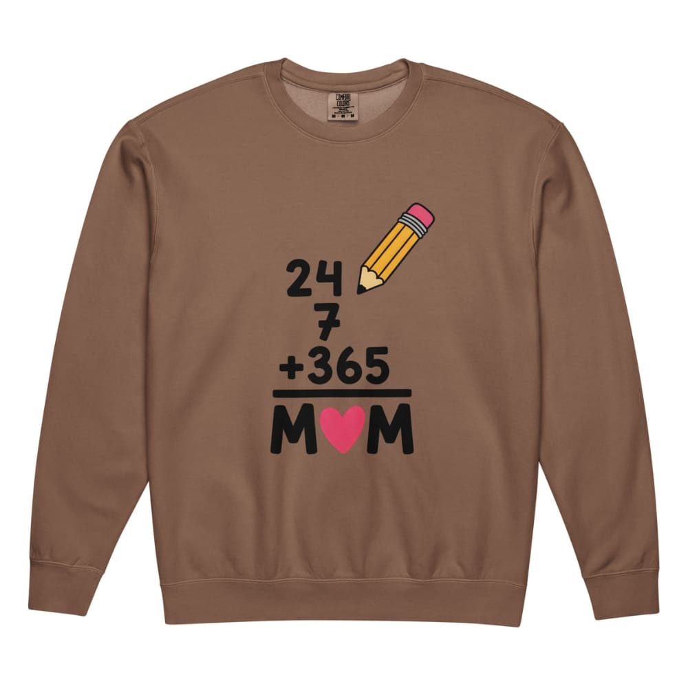 Brown sweatshirt with a graphic design featuring a pencil, numbers, and a heart on a white background
