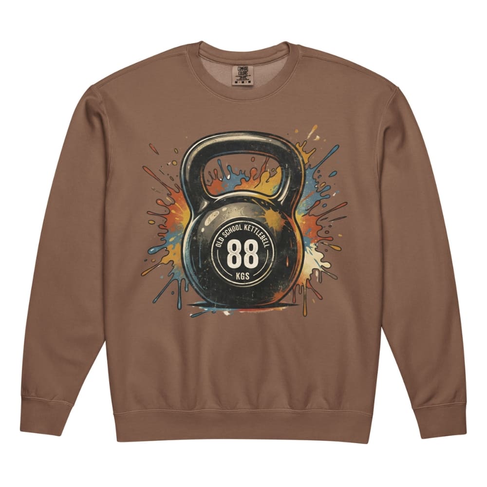 Brown sweatshirt with a kettlebell graphic and number 88 on a white background