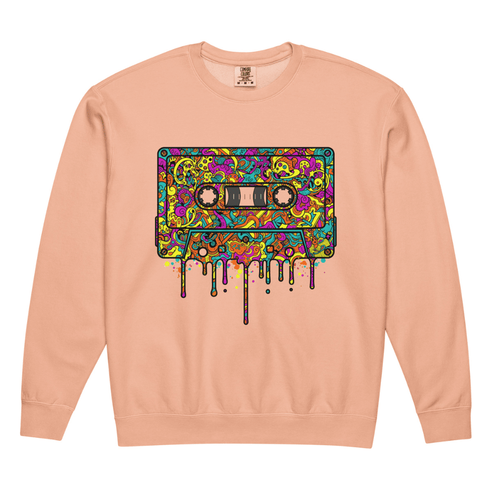 Peach sweatshirt with a colorful cassette tape design on a white background