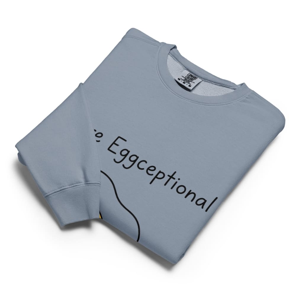 Folded light blue sweatshirt with 'Eggceptional' text on a white background