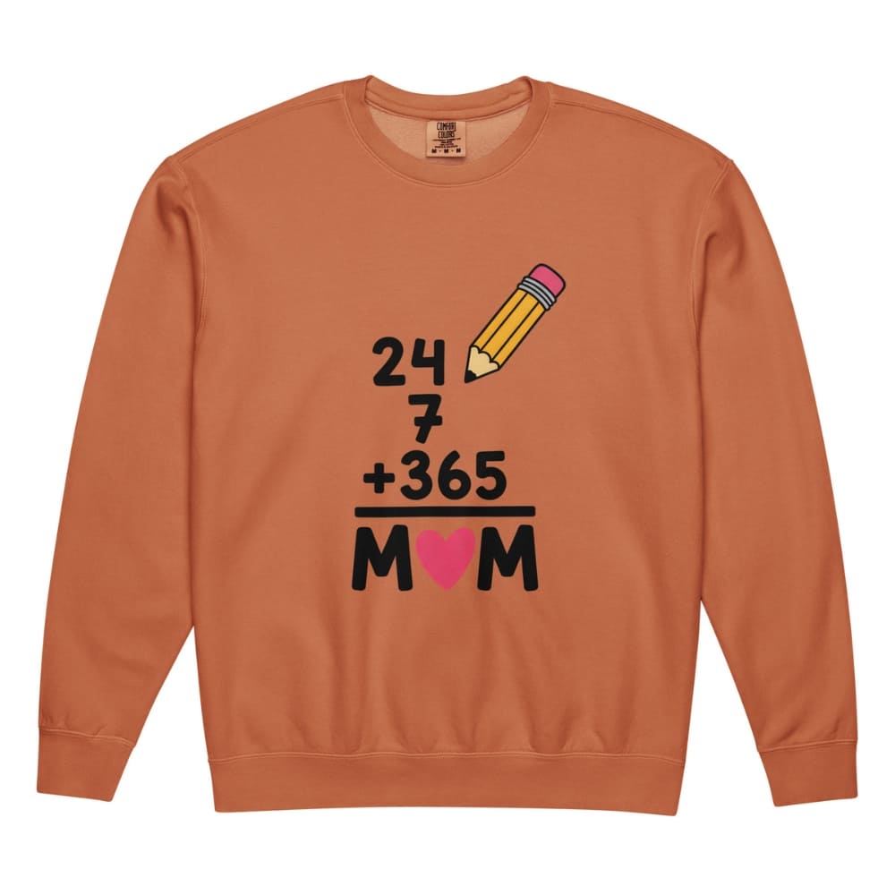 Orange sweatshirt with a graphic design featuring a pencil, numbers, and letters on a white background