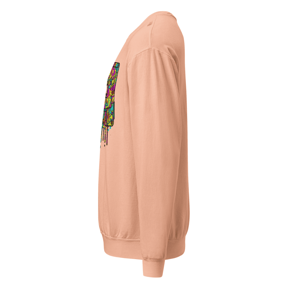 Peach hoodie with colorful pattern on sleeve against a white background