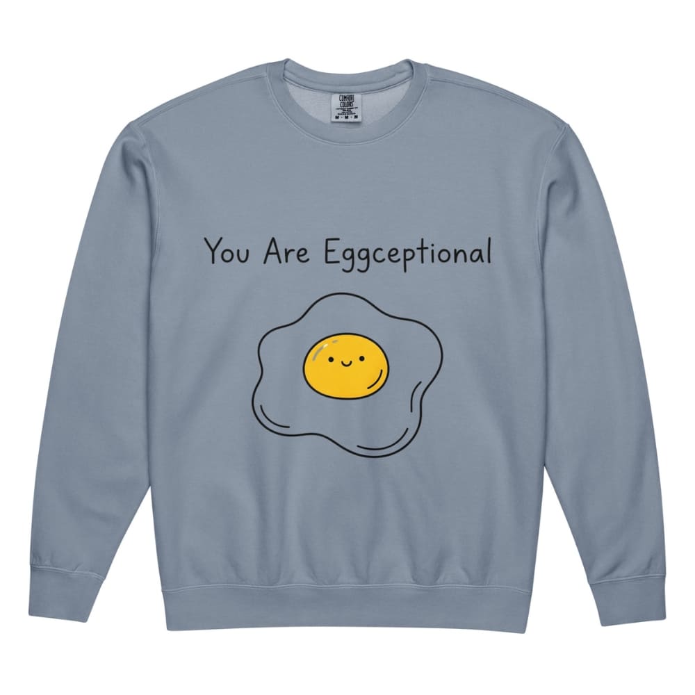 Blue sweatshirt with a smiley face egg graphic and text 'You Are Eggceptional' on a white background