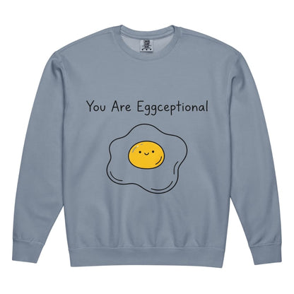Blue sweatshirt with a smiley face egg graphic and text 'You Are Eggceptional' on a white background