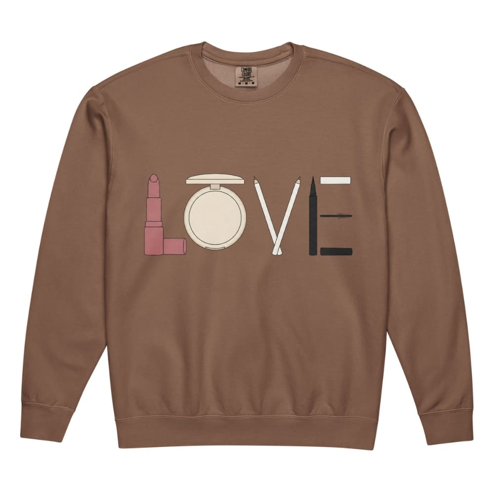 Brown sweatshirt with 'LOVE' spelled out using makeup icons on a white background