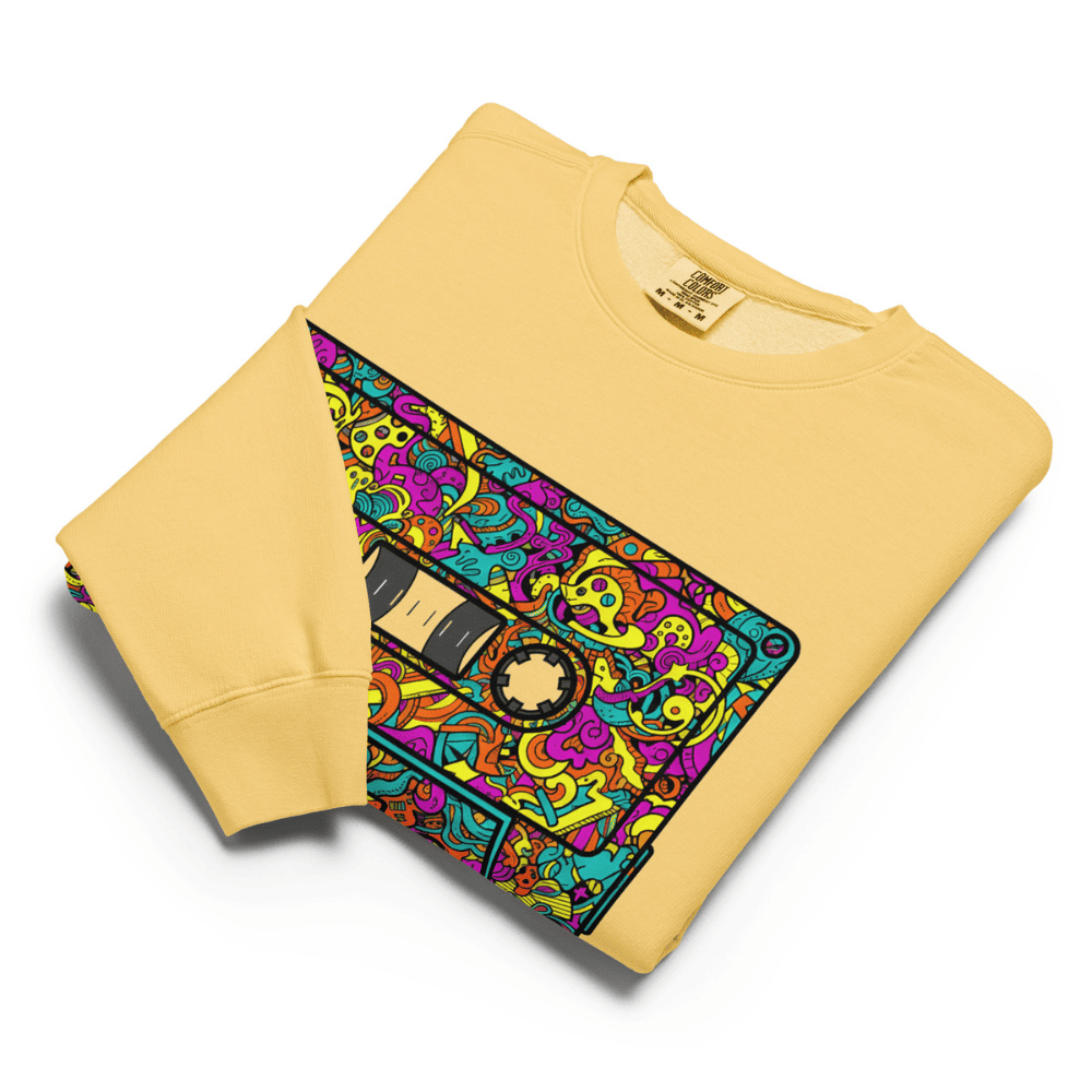 Yellow sweatshirt with a colorful cassette tape design on a white background