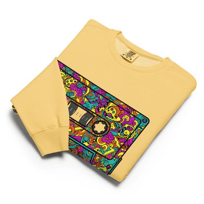 Yellow sweatshirt with a colorful cassette tape design on a white background