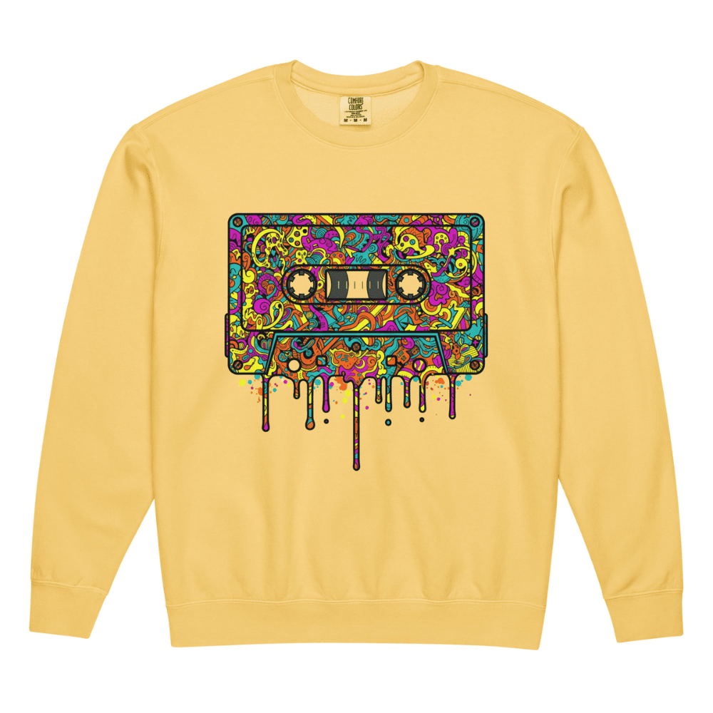 Yellow sweatshirt with a colorful cassette tape design on a white background