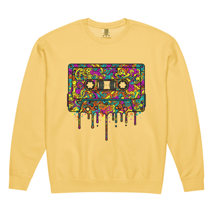 Yellow sweatshirt with a colorful cassette tape design on a white background