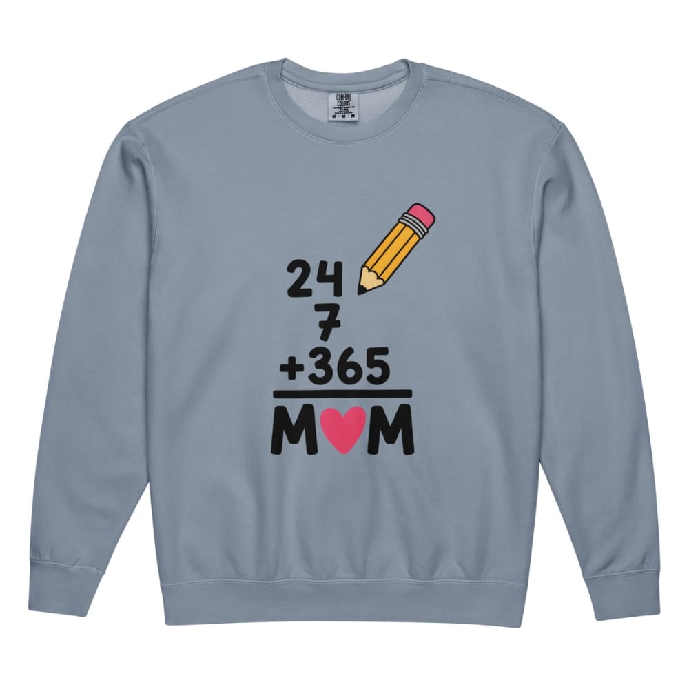 Blue sweatshirt with a graphic design featuring a pencil, numbers, and a heart on a white background
