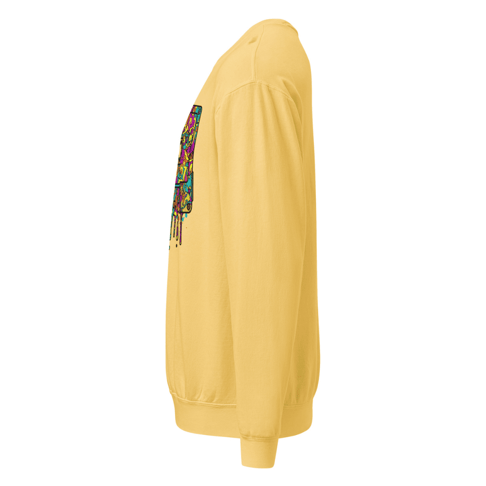 Yellow hoodie with colorful pattern on sleeve against a white background