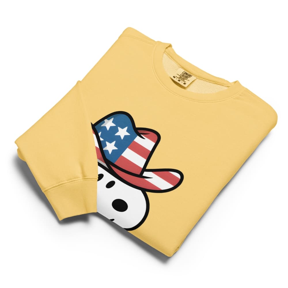 Yellow sweatshirt with a cartoon character wearing an American flag hat on a white background