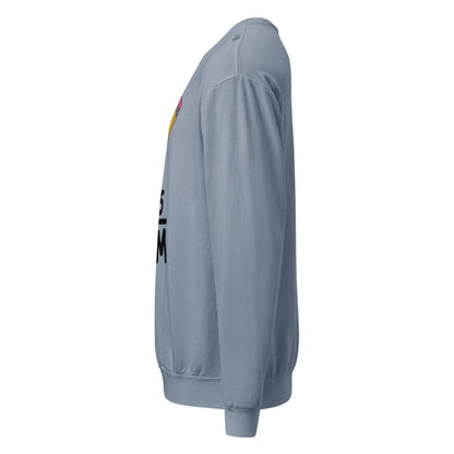 Blue Sweater with a logo on the sleeve against a white background