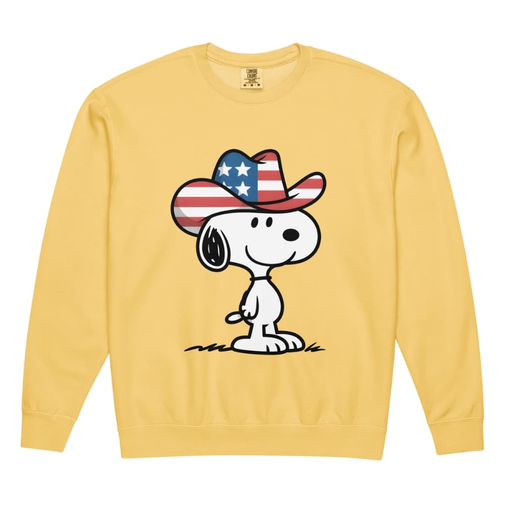 Yellow sweatshirt with a cartoon dog wearing an American flag cowboy hat on a white background
