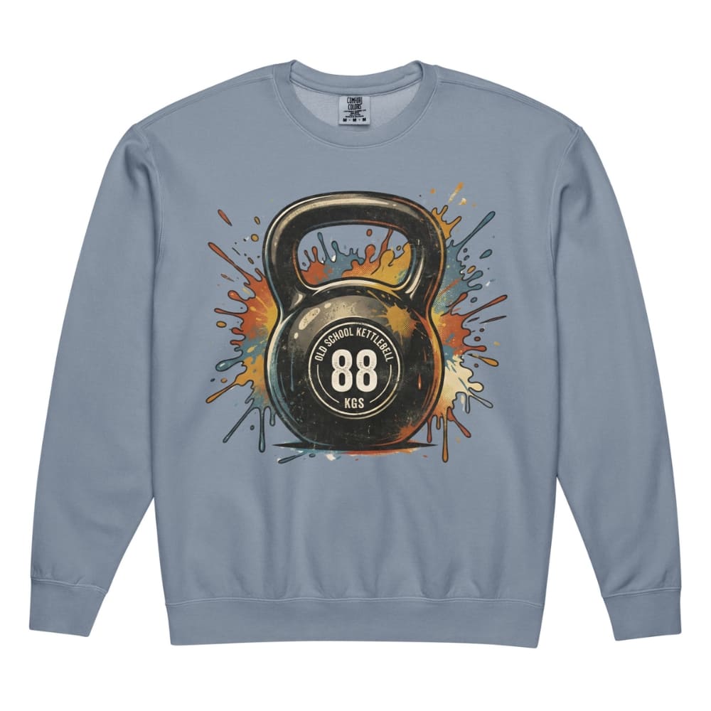 Blue sweatshirt with a kettlebell graphic and '88' on a white background