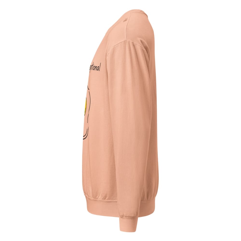 Peach-colored sweatshirt with a graphic design on the sleeve against a white background