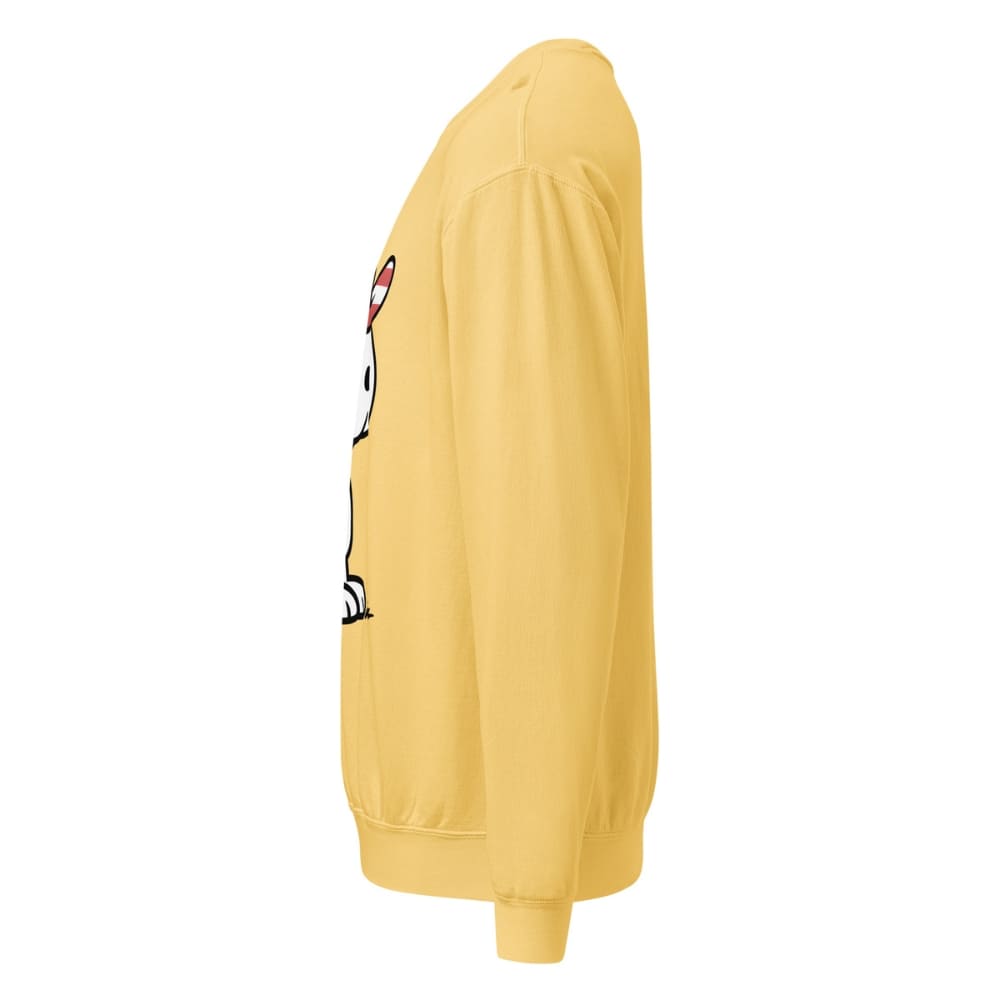 Yellow sweatshirt with a cartoon character on the back against a white background