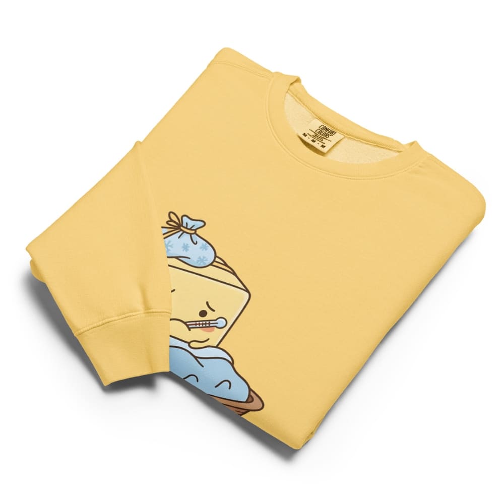 Yellow sweatshirt with cartoon design on a white background