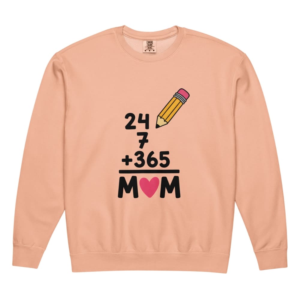 Peach-colored  sweatshirt with a graphic design featuring a pencil, numbers, and a heart on a white background