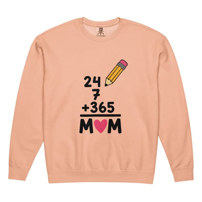Peach-colored  sweatshirt with a graphic design featuring a pencil, numbers, and a heart on a white background