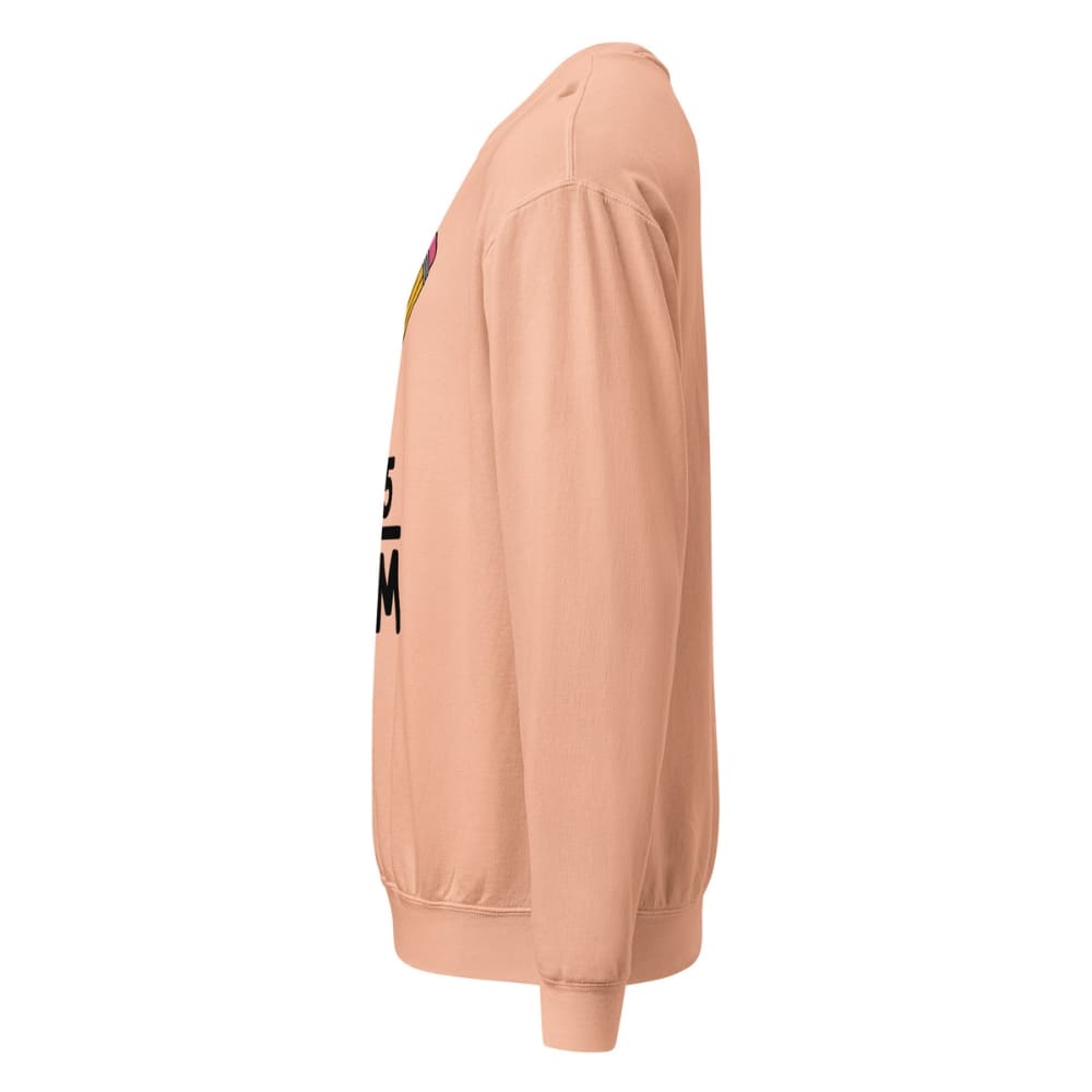 Peach-colored  sweatshirt with text on the sleeve against a white background