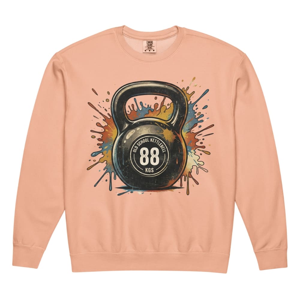 Peach-colored sweatshirt with a kettlebell graphic and '88' on a white background