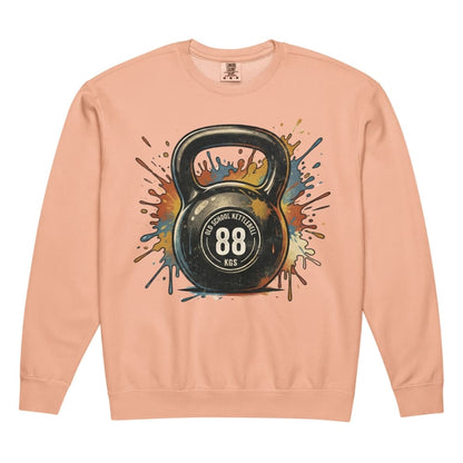 Peach-colored sweatshirt with a kettlebell graphic and '88' on a white background