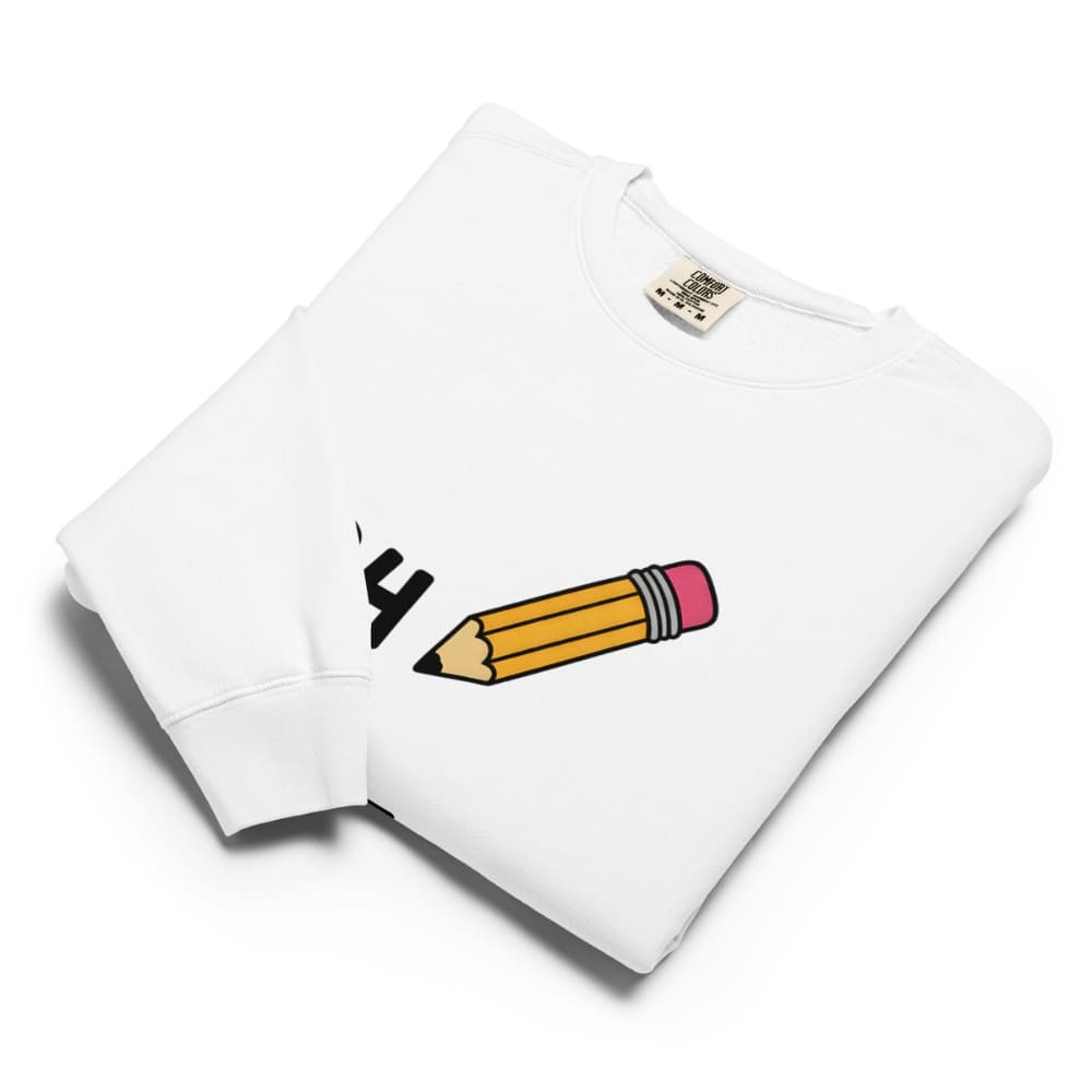 White sweatshirt with a pencil graphic on a white background