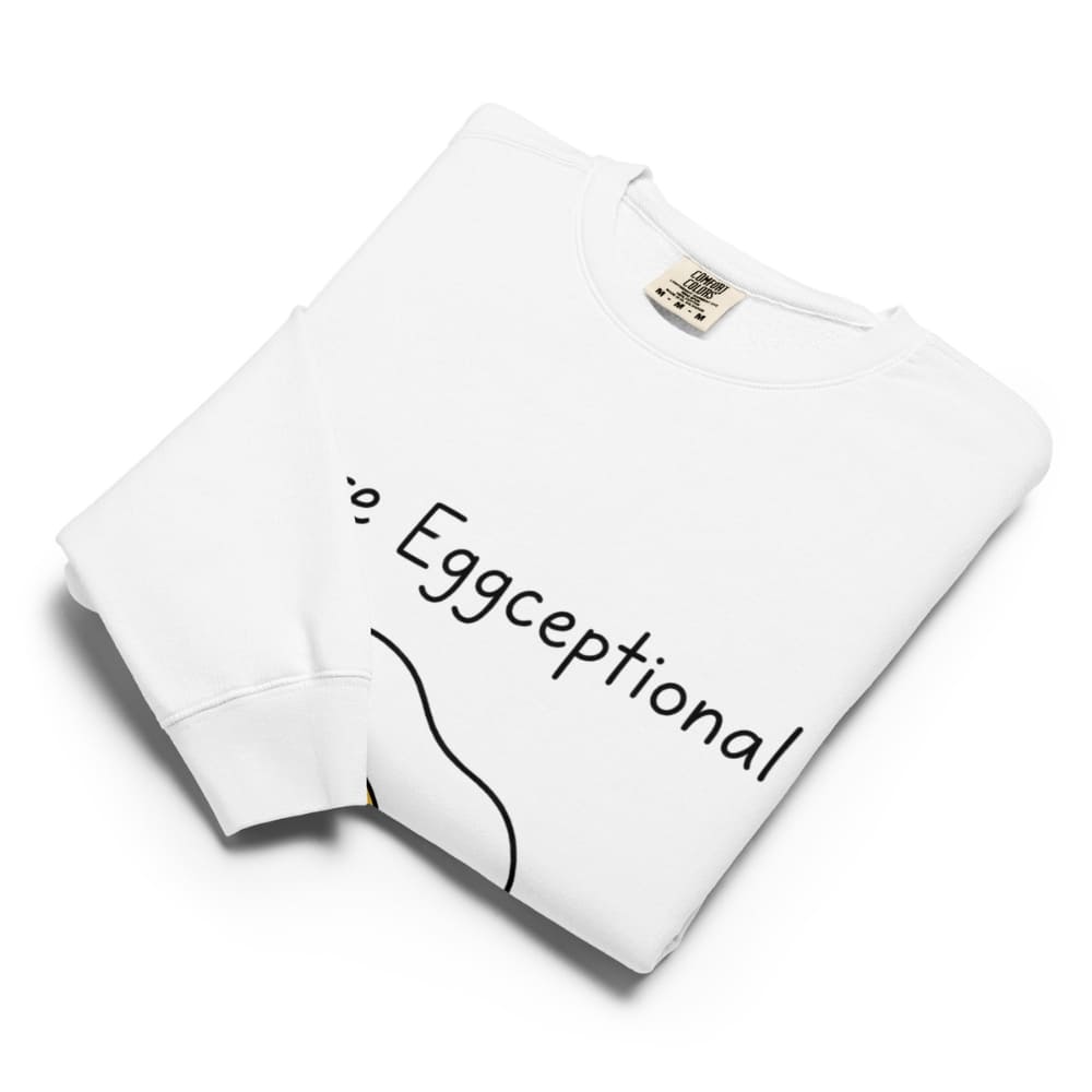 White t-shirt with 'Eggceptional' text on a white background