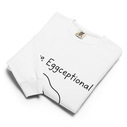 White t-shirt with 'Eggceptional' text on a white background