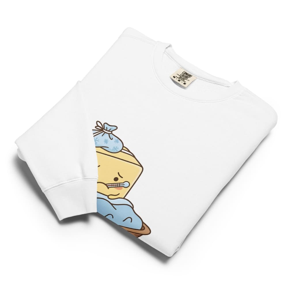 White sweatshirt with a cartoon character design on a white background