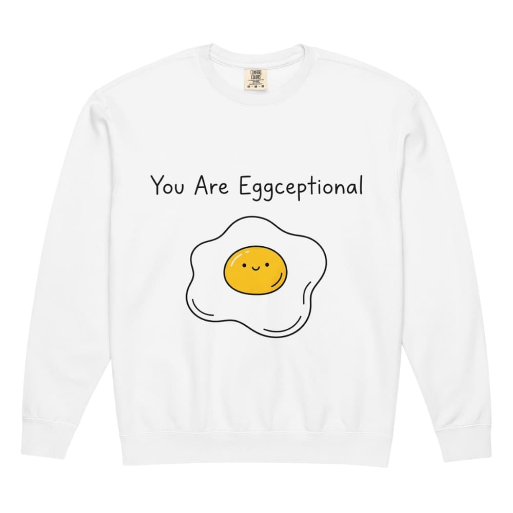 White long-sleeve shirt with a smiley egg graphic and text 'You Are Eggceptional' on a white background