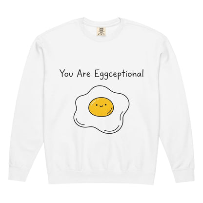 White long-sleeve shirt with a smiley egg graphic and text 'You Are Eggceptional' on a white background