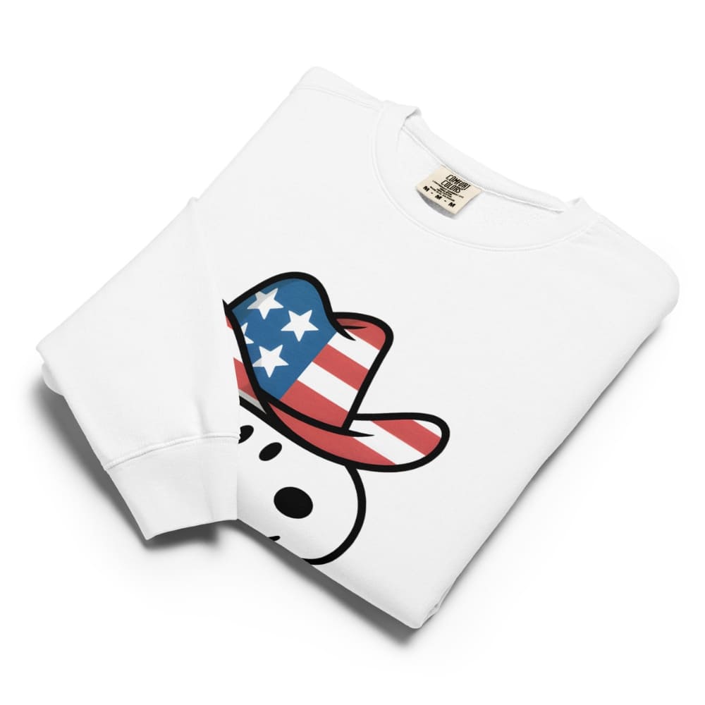 White sweatshirt with a graphic of a donkey wearing an American flag hat on a white background